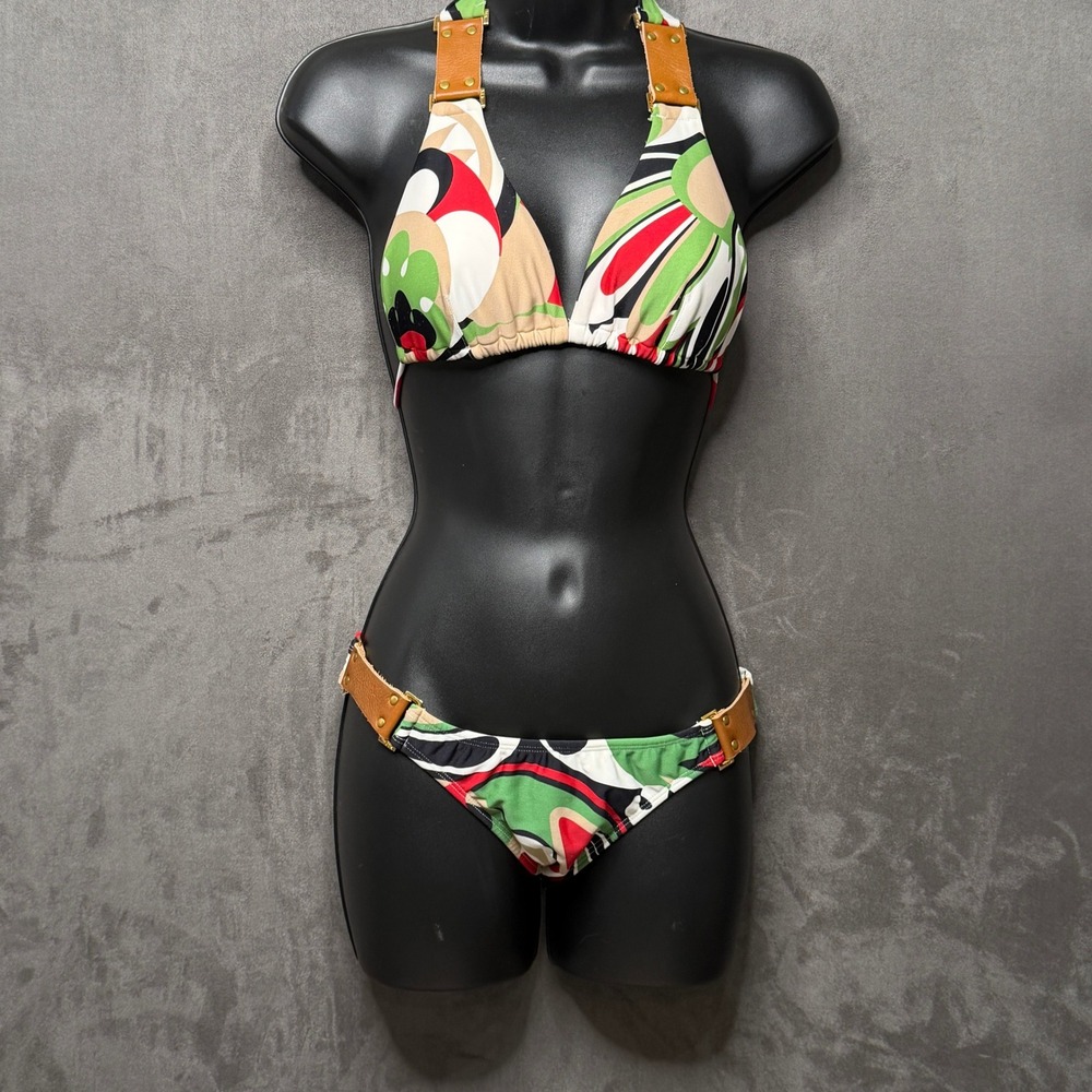 VIX Paula Hermanny‎ Bikini Set Womens M Multicolor Abstract Leather Trim Halter